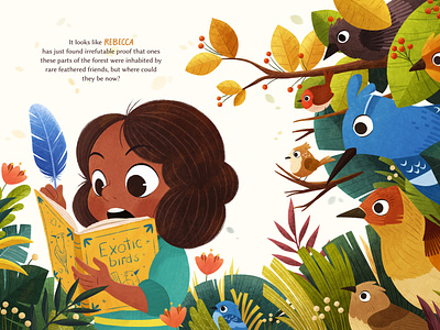"The Secret Life of Birds" picture book birds character design childrens book color cute girl illustration kidlit nature photoshop picturebook plants procreate storytelling texture