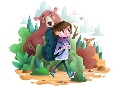 Follow the fairy adventure animals backpack bear character design forest girl illustration graphic design illustration ipad pro landscape illustration plants procreate procreate art scenery trip