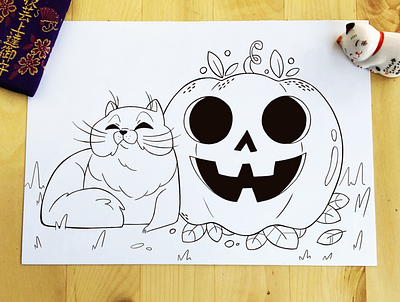 Happy Halloween! art cat clean drawing grass halloween illustration ink inktober inktober2019 leaves lineart october pen pumpkin traditional