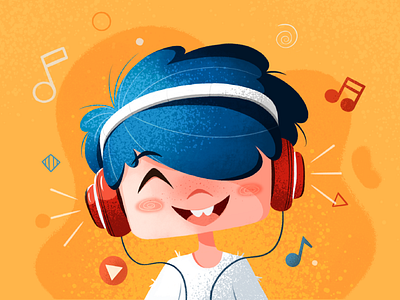 Morning tunes 2d art boy character design color happy headphones illustration ipad music notes procreate smile sound texture vibes