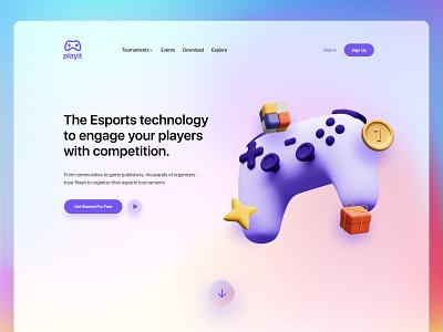 Playit - E-sports Tournaments Landing page 🎮 3d 3d website esport gamers gaming gaming website glassmorphism homepage interface landingpage light minimalist play remote typography uidesign uiux web webdesign website