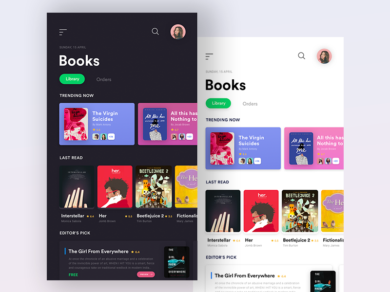 Books app. App landing UI.