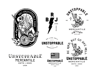 Unstoppable Mercantile Logo and Graphics Package badge branding design extreme hand drawn handicap illustration illustrator logo north carolina procreate skeleton sticker typography wheelchair