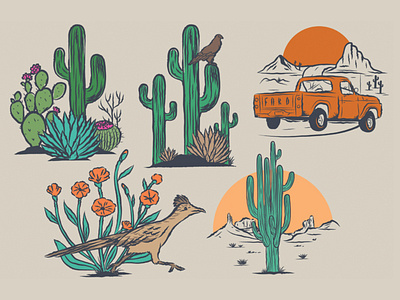 Desert inspired graphics desert design graphic pack habd drawn illustration retro