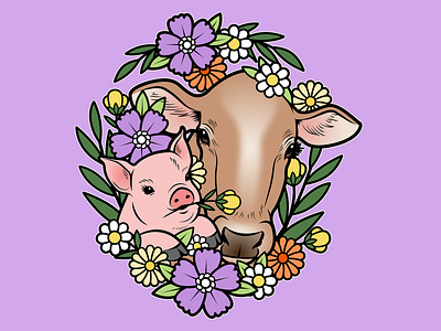 Vegan themed illustration animal rights animals cow cute design farm illustration pig vegan