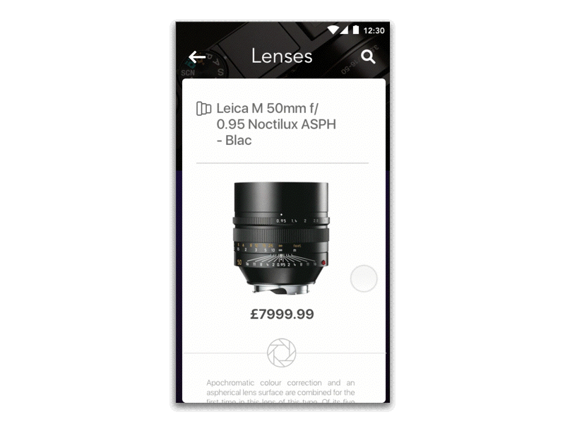 The Premium Camera Shop motion ecommerce shop minimal interface sketch sketchapp principle ux ui lenses camera