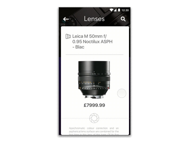 The Premium Camera Shop camera ecommerce interface lenses minimal motion principle shop sketch sketchapp ui ux