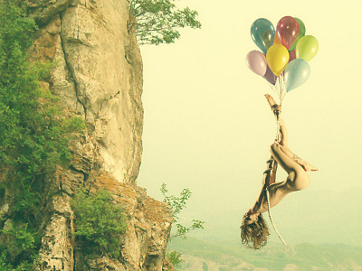 Up, Up, and Away! balloons cliff floating funny girl glamour graphic design naked nude photo manipulation sky soft vintage