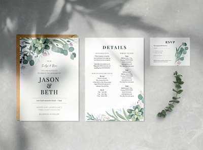 Botanical Wedding Invite botanical bride design eucalyptus invite plant print rsvp sanserif serif succulents typography wedding wedding invite