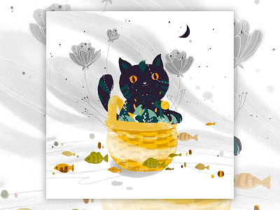 A small cat basket black cat hand painted illustrations yellow