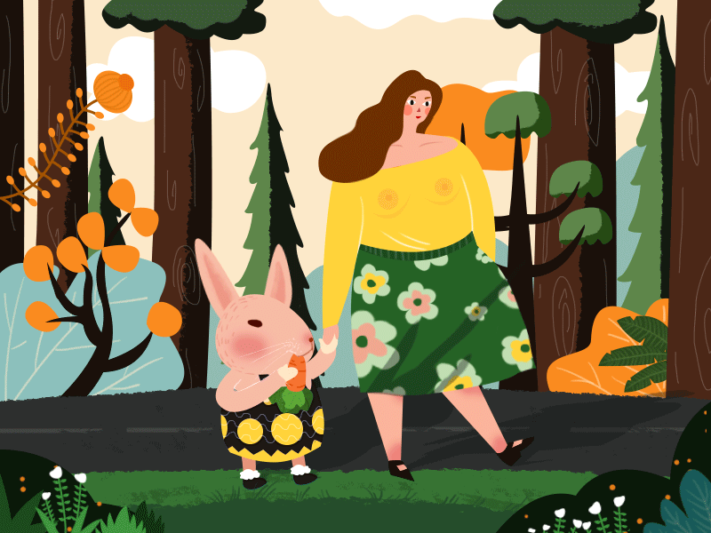 Take the rabbit for a walk forest green illustrations people rabbit walk