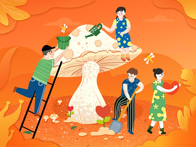 Easy mutual easily figure flat help each other illustrations love mushroom orange umbrella