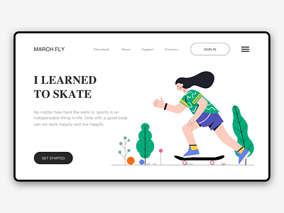 Learn to skateboard brand characters flat illustration illustration component packaging plant sports variegated vector web banner web design weight loss