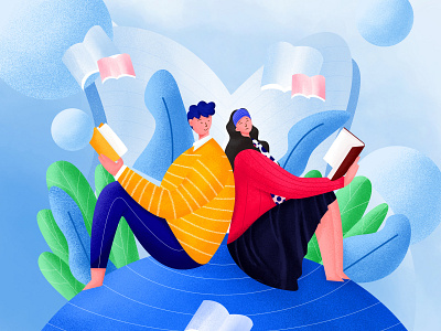 Reading day activity page book couple design flat wind illustration learn love panda plant reading vector wind vector wind 插画