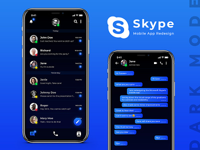 Skype Mobile App - Redesign (Dark Mode)
