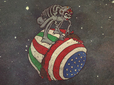 Sewing the Border art print cartoon dia de los muertos flags illustration love mexico peace sugar skull united states