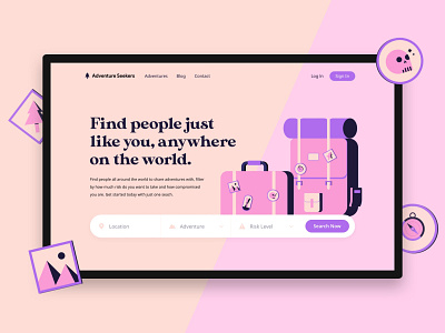 Adventure Seekers Exploration adventure clean design illustration minimal outdoors pink skulls typography ui vector webdesign website