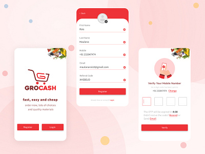 GROCASH App creative design ecommerce ecommerce app ecommerce design ecommerce shop graphic design groceries grocery app grocery list grocery store login page login screen otp register form registration form ui design vegetable vegetables