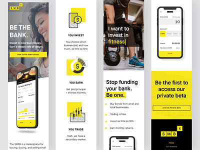 The SMBX Responsive Website + Mobile App app bank beta bonds businesses earning finance fintech funding interests investing investor loan local business payments responsive san francisco smallbusiness website yellow and black