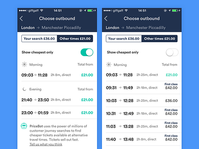 Displaying the cheapest tickets + full day results day view feed price segment control tabs tickets times trainline trains ui ux