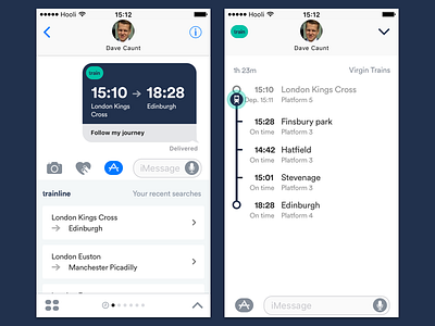 TL iMessage app - share and track your train imessage ios10 messages timeline train trainline travel ui ux