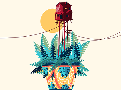 Red House on a Fern Pot arquitecture flora green home house house design house illustration illustration imagination leafs pattern sun tropical vector