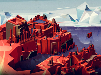 Coast Town at Red Desert art cover illustration isometric poly red structure vectors