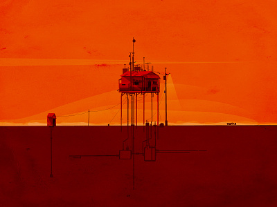 Dawn In Solitude architecture art conver fantasy home horizon house illustration orange structure