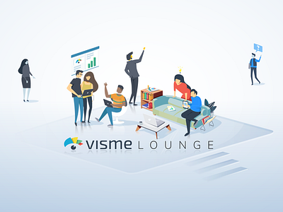 Visme Lounge Cover branding characters charts comunication comunity dataviz flat glass graphics group idea illustrator isometric people team