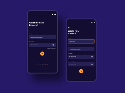 Login & Sign Up Page app application dark mode dark ui design exploration login mobile app sign up ui ui design ux