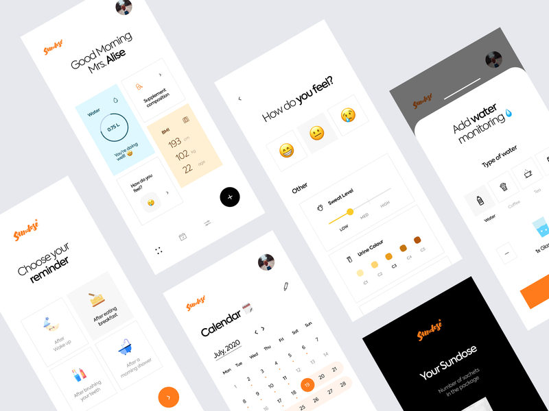 Sundose - Fitness App calorie chart clean concept dashboard diet feel fitness food graphics happy health mobile sport sundose tracker ui ux water weight