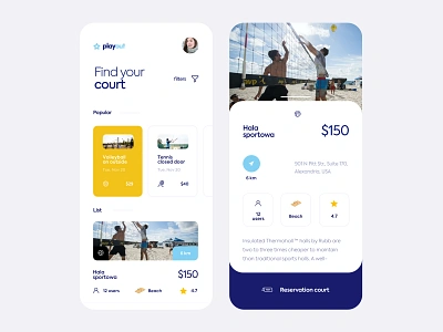 Playout - Court Booking App app booking clean court filters find interface list location mobile rating reservation court sports tennis ui ui design ux volleyball