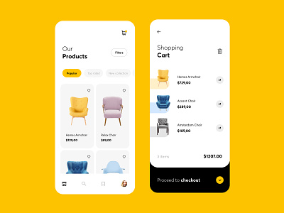 Furniture mobile app 2019 add to cart app chairs checkout creative ecommerce furniture app furniture shop interface light mobile payment products shop shopping cart store typography ui ux