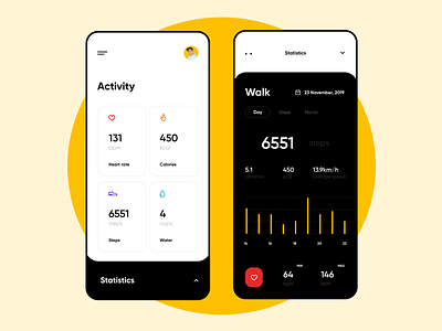Fitness Activity Tracker activity dashboard actvity app app design calories clean design fit fitness app interface product design running sport statictics steps tracking ui ux walking white and black workout