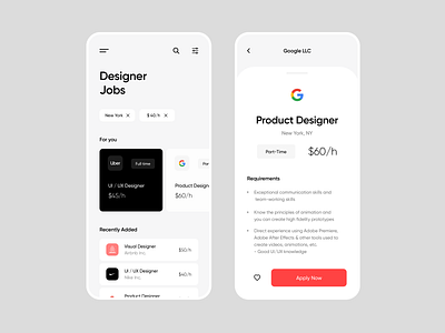 Designer Jobs App app app concept app design application form design job designer jobs freelance ios app job app job apply job search jobs jobs list minimalism mobile uber ui ui designer ux white app