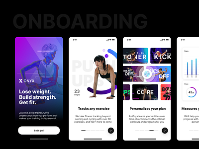 Onyx branding digital design fitness app fitness onboarding mobile design onboarding onboarding screens onboarding ui producthunt ui 2020 ui 2021 uiux ux ux ui workout