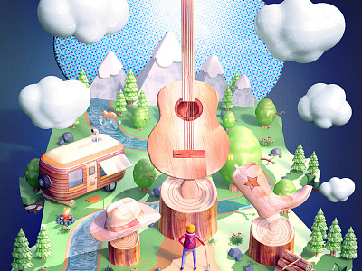 Tough Jobs: Men's Health 3d advertising camping character design editorial forest guitar illustration nashville texturing woods