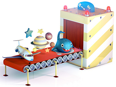 Mini-Manufacturing 3d advertising conveyor belt editorial financial illustration jet machine render space whale