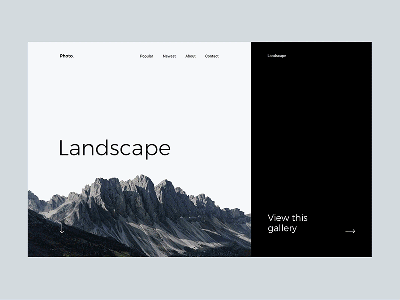 Gallery Slider animation black white branding clean design gif graphic design landing page minimal nature parallax photograhy typography ui ux web website
