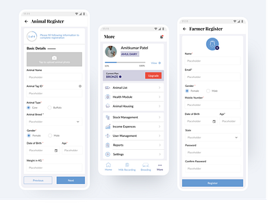 Farm 365 app Registration & Profile Screens app appdesign blue clean dailyui farmer figma inputform mobileui more process product profle register registration registration page uiux white wizard