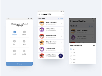 Farm 365 app Listing, Language & Filter Screen appdeisgn cardlayout cards farmer farmerapp figma filter filters language languageselection uiux unconventional audience uneducated