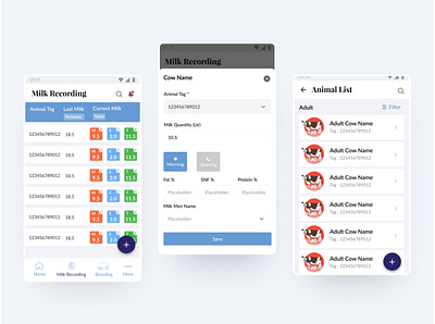 Farm 365 app Listing, Milk Recording Screen androidapp app design blue branding daily farmer milk minimal minimalist mobile ui ux white