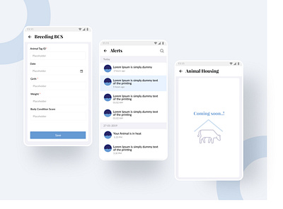 Farm 365 app BCS, Alets & Animal Housing Screens alerts animalapp animalhousing blue breeding cattlemanagmentapp farmerapp illustration illustrations uiapp ux white