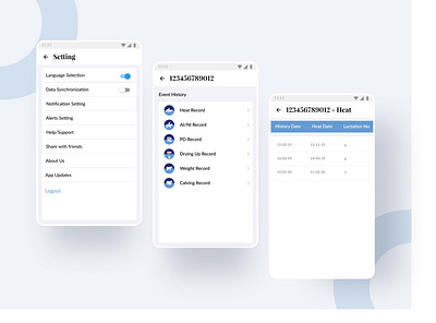 Farm 365 app Event History, Heat list and Setting Screens appui cattlemanagemtn dairy event farmerapp farming heat list process prompt settings ui timeline ui uiux