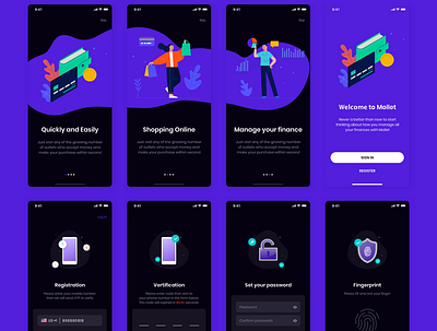 MOLLET - Wallet app UI Kit app bank bank app bank card banking dark mode dark theme finance finance app illustraion onboarding sign in sign up splash template templates ui ux ui design ui kit walkthrough