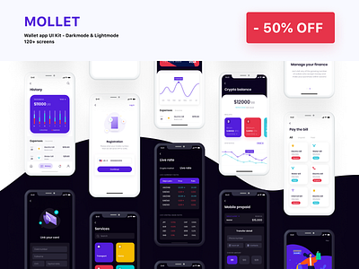 MOLLET (Darkmode & Lightmode) - 50% OFF on Ui8 bank app bank card bankcard banking banking app booking app clean ui dark mode finance finance app illustration mobile app statistic statistics ui design ui kit user interface wallet wallet app wallet ui