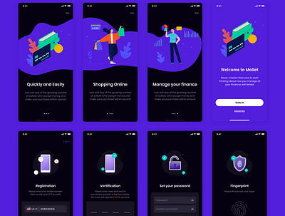 MOLLET - Wallet app UI Kit bank bank card banking banking app booking booking app clean ui darkmode finance finance app illustrator log in mobile app sign in ui design ui kit ui ux user interface wallet wallet app