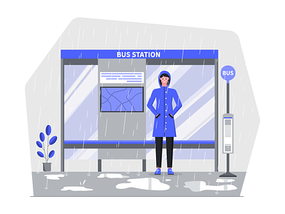 Bus Stop bus stand design illustration looking puddles rain rain coat station vector waiting women