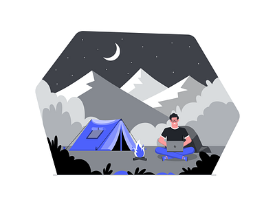Camping While Working camping design fire illustration laptop man mountain nature night open outdoor sky stars tent travel vector working