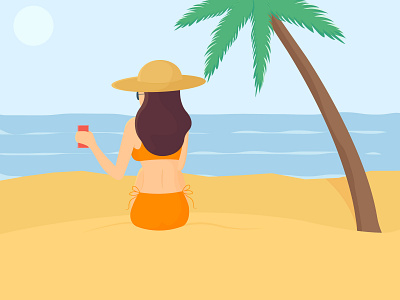 Lady Beach beach bikini cola drink hat illustration lady palm tree sand scene sea tree vector water women
